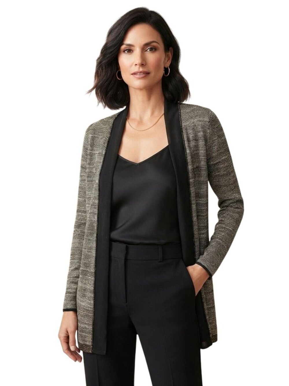 Nic + Zoe Y2K Open Front Gold Lurex Thread Black Crepe Trim Cardigan Size S